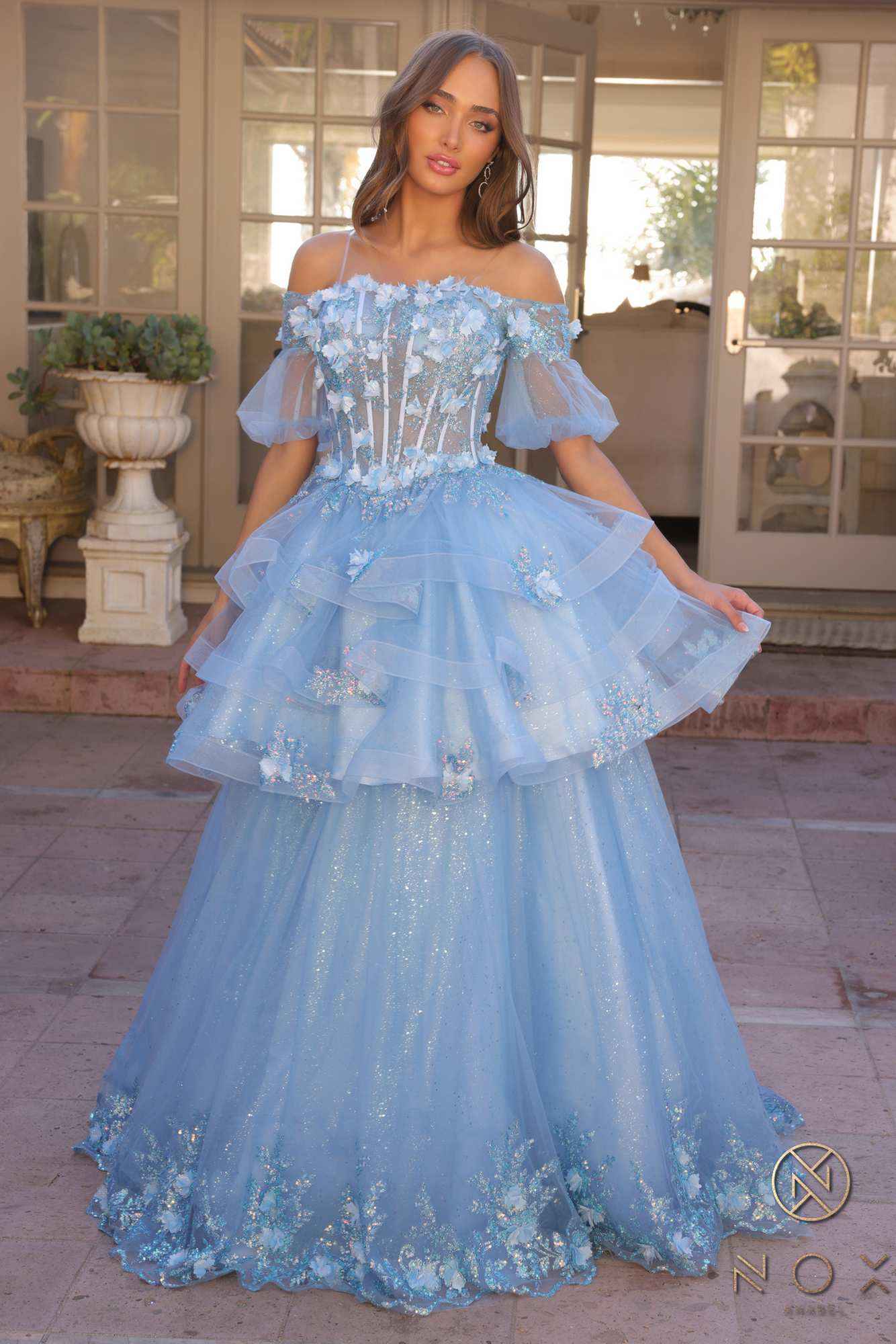Nox Anabel H1360 Off the Shoulder 3D Floral A-Line Gown Removable Skirt