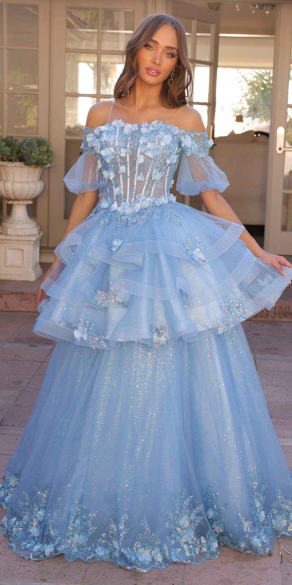 Nox Anabel H1360 Off the Shoulder 3D Floral A-Line Gown Removable Skirt