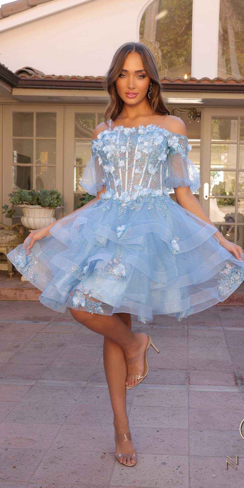 Nox Anabel H1360 Off the Shoulder 3D Floral A-Line Gown Removable Skirt