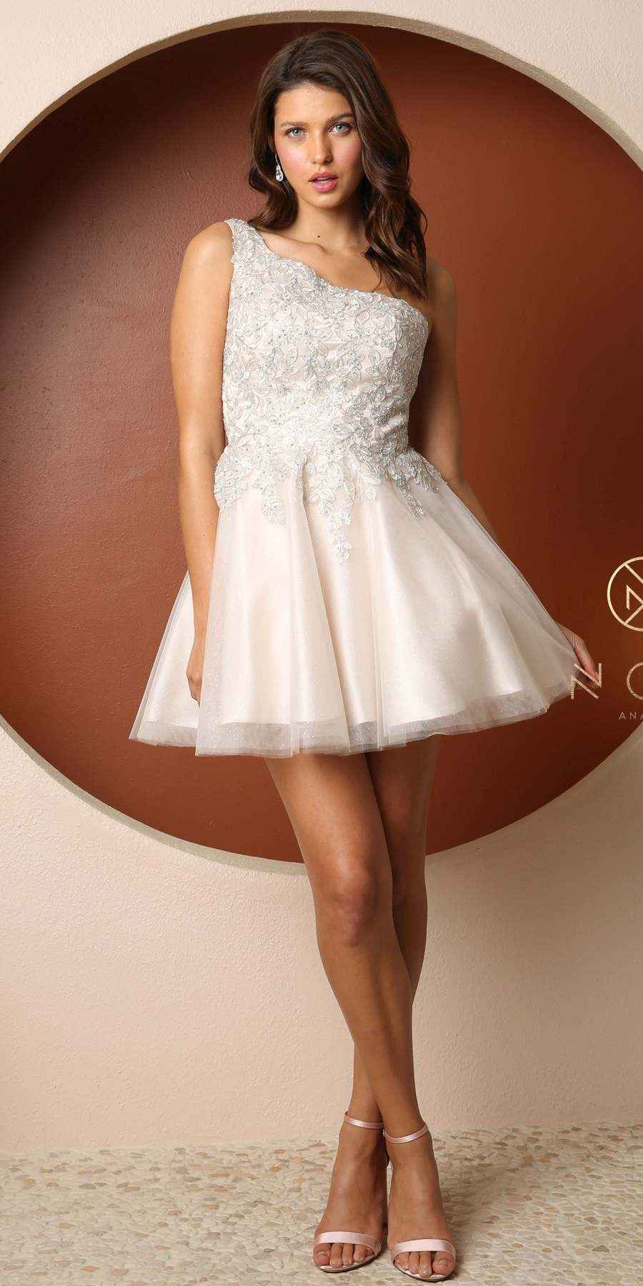 Nox Anabel H774 One Shoulder Embroidered Bodice Short A-Line Dress
