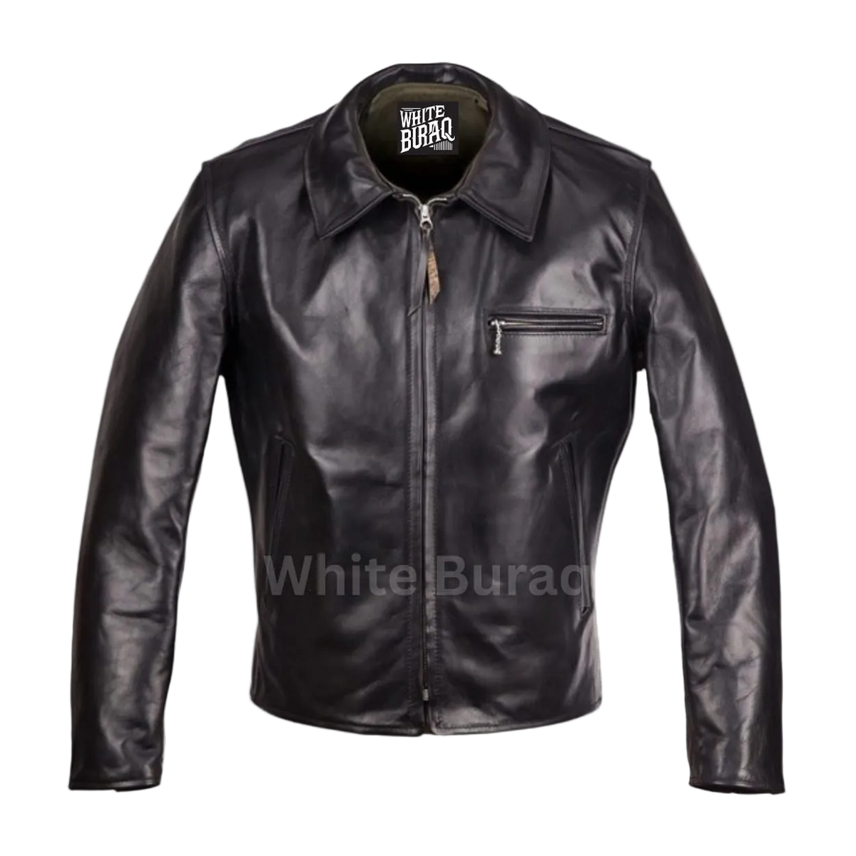 Men's Black Horsehide Racer Leather Jacket with Dress Collar