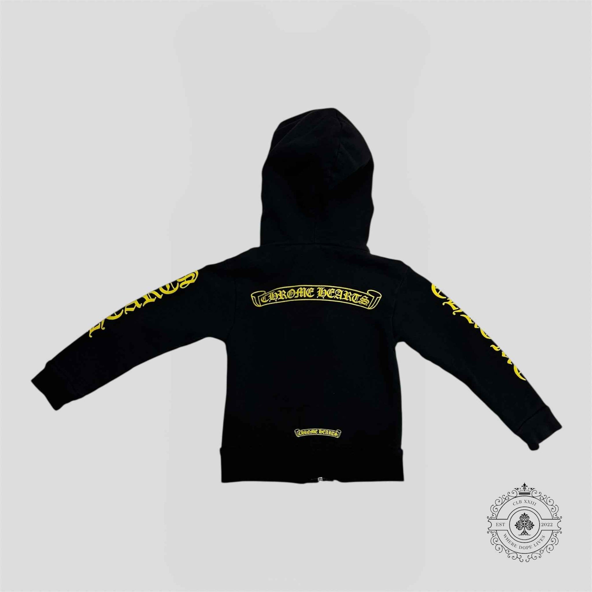 Chrome Hearts Scroll Logo Zip Up Kids Hoodie in Black/Yellow