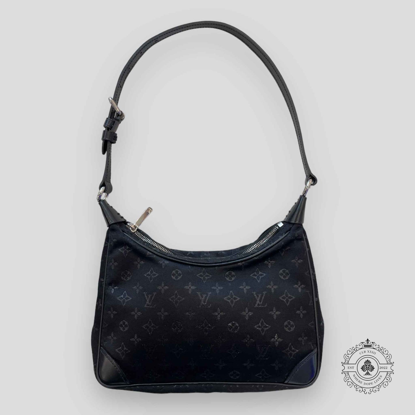 Louis Vuitton Small Black Satin & Leather Trim Monogram Boulogne Baguette
