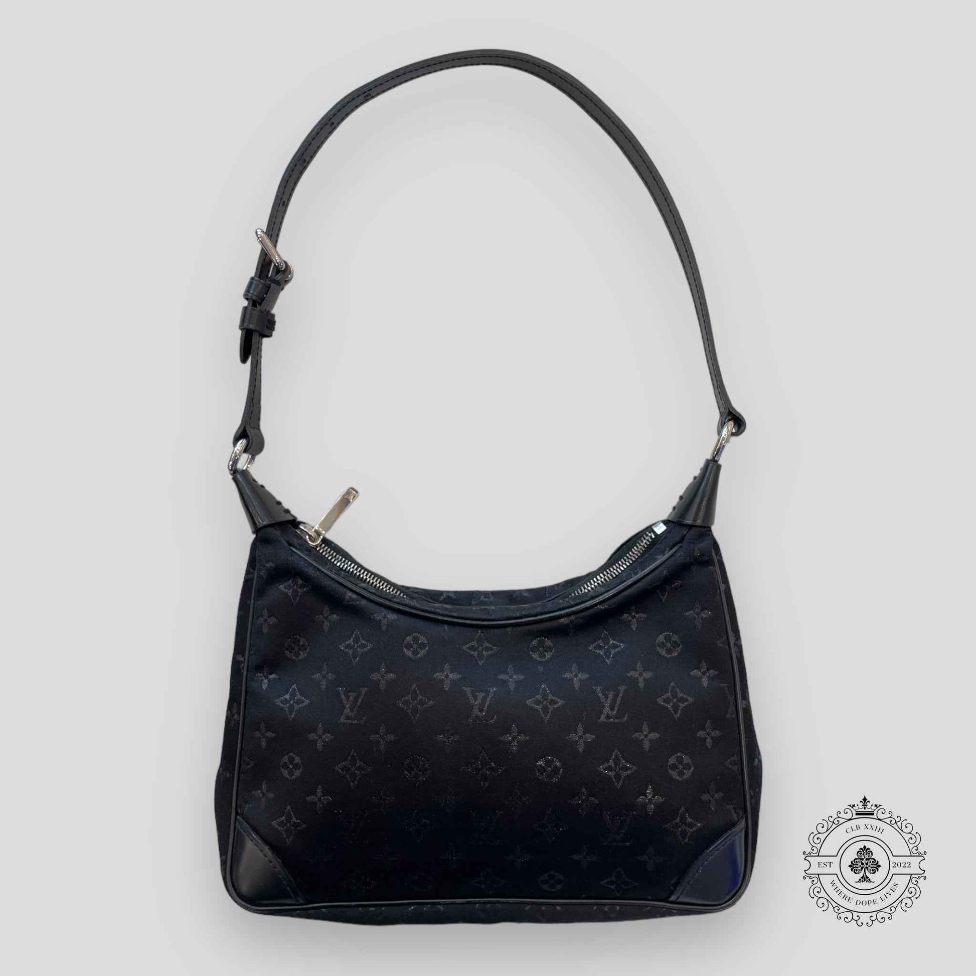 Louis Vuitton Small Black Satin & Leather Trim Monogram Boulogne Baguette