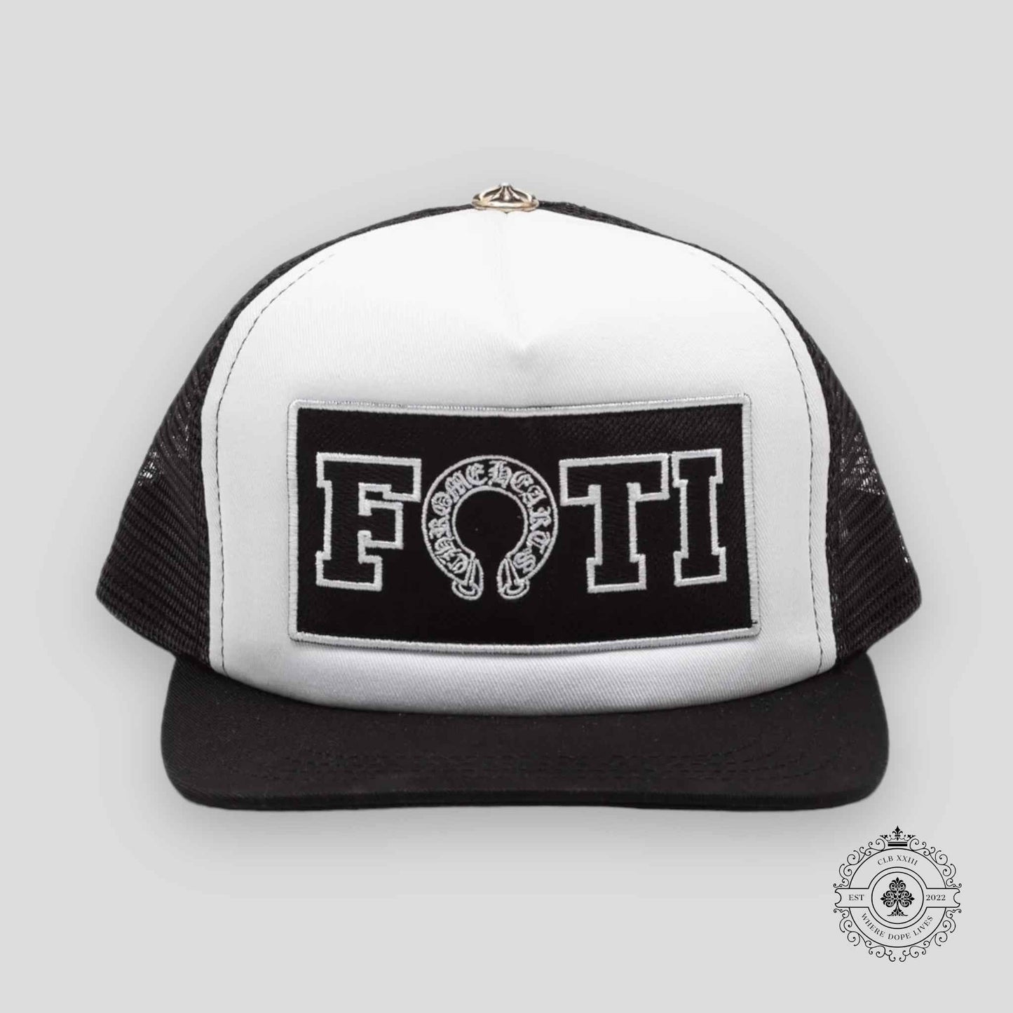 Chrome Hearts Foti Patch Trucker Hat in White / Black