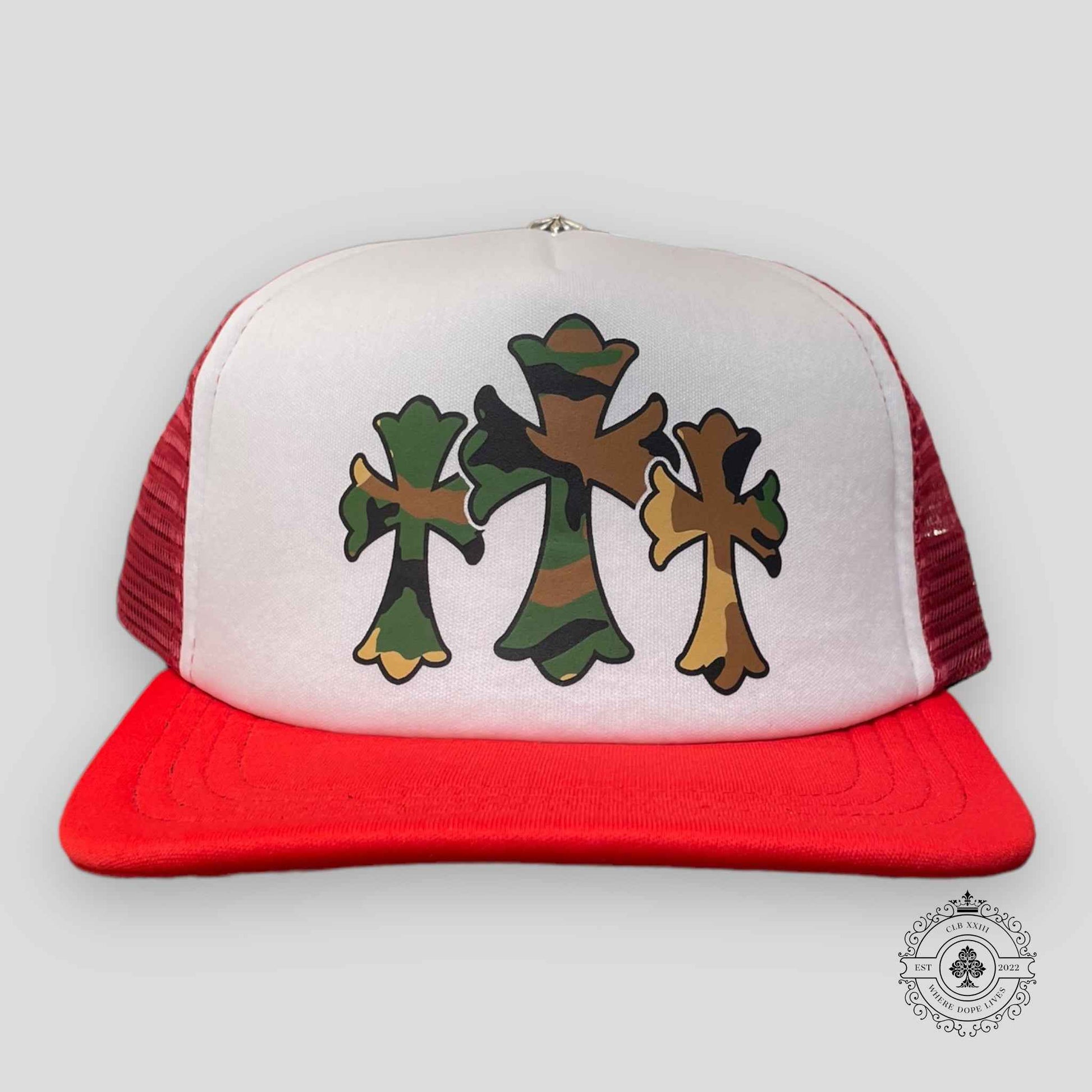 Chrome Hearts Triple Cross Trucker Hat in Red/Camo