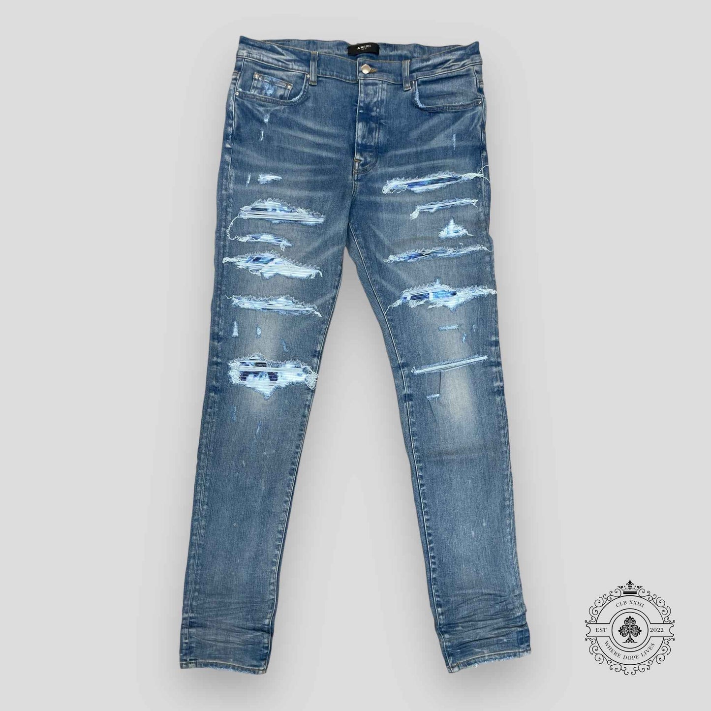 Amiri Tie Dye Bandana Thrasher Jeans in Clay Indigo