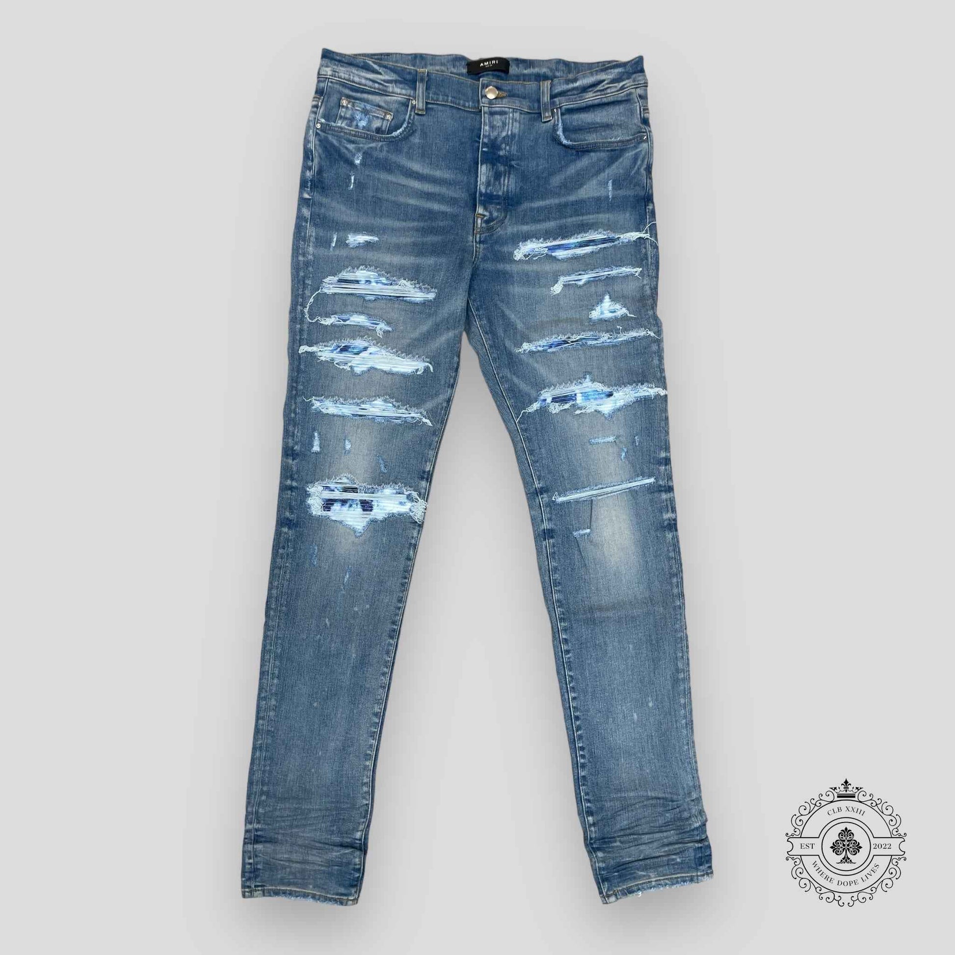 Amiri Tie Dye Bandana Thrasher Jeans in Clay Indigo