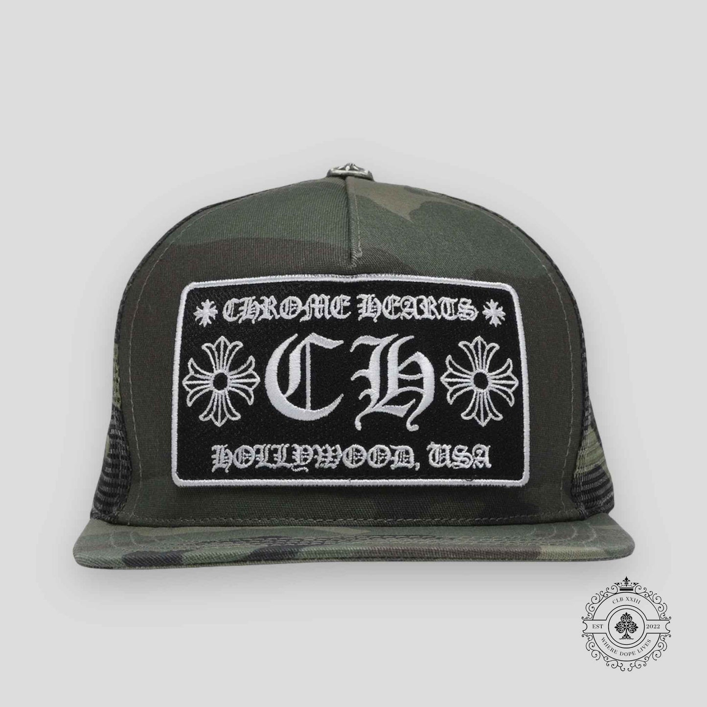 Chrome Hearts CH Patch Hollywood Trucker Hat in Camo