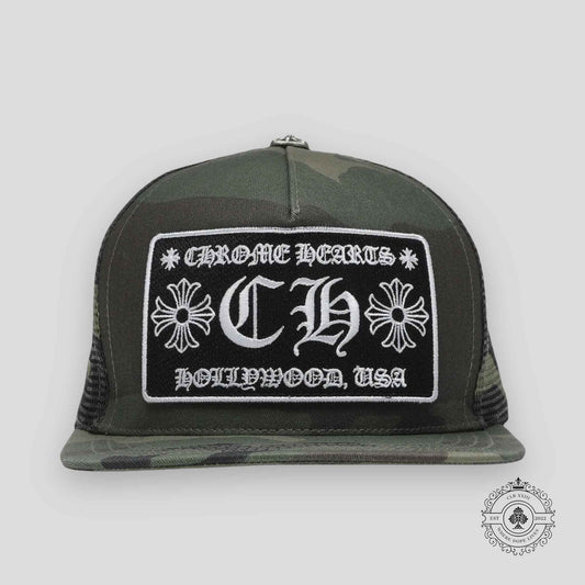 Chrome Hearts CH Patch Hollywood Trucker Hat in Camo