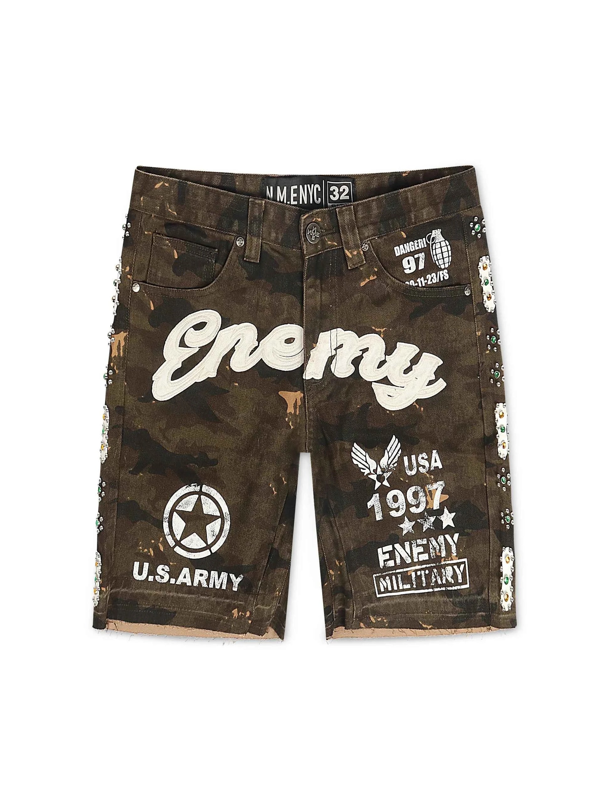 N.M.E NYC Enemy Army '97 Denim Shorts - Camo Wash