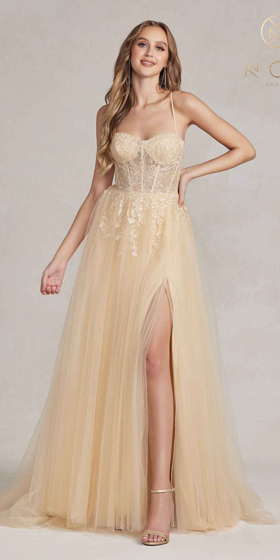 Nox Anabel J1089 Floor Length A-Line Tulle Gown with Slit