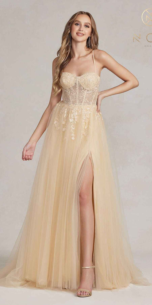 Nox Anabel J1089 Floor Length A-Line Tulle Gown with Slit