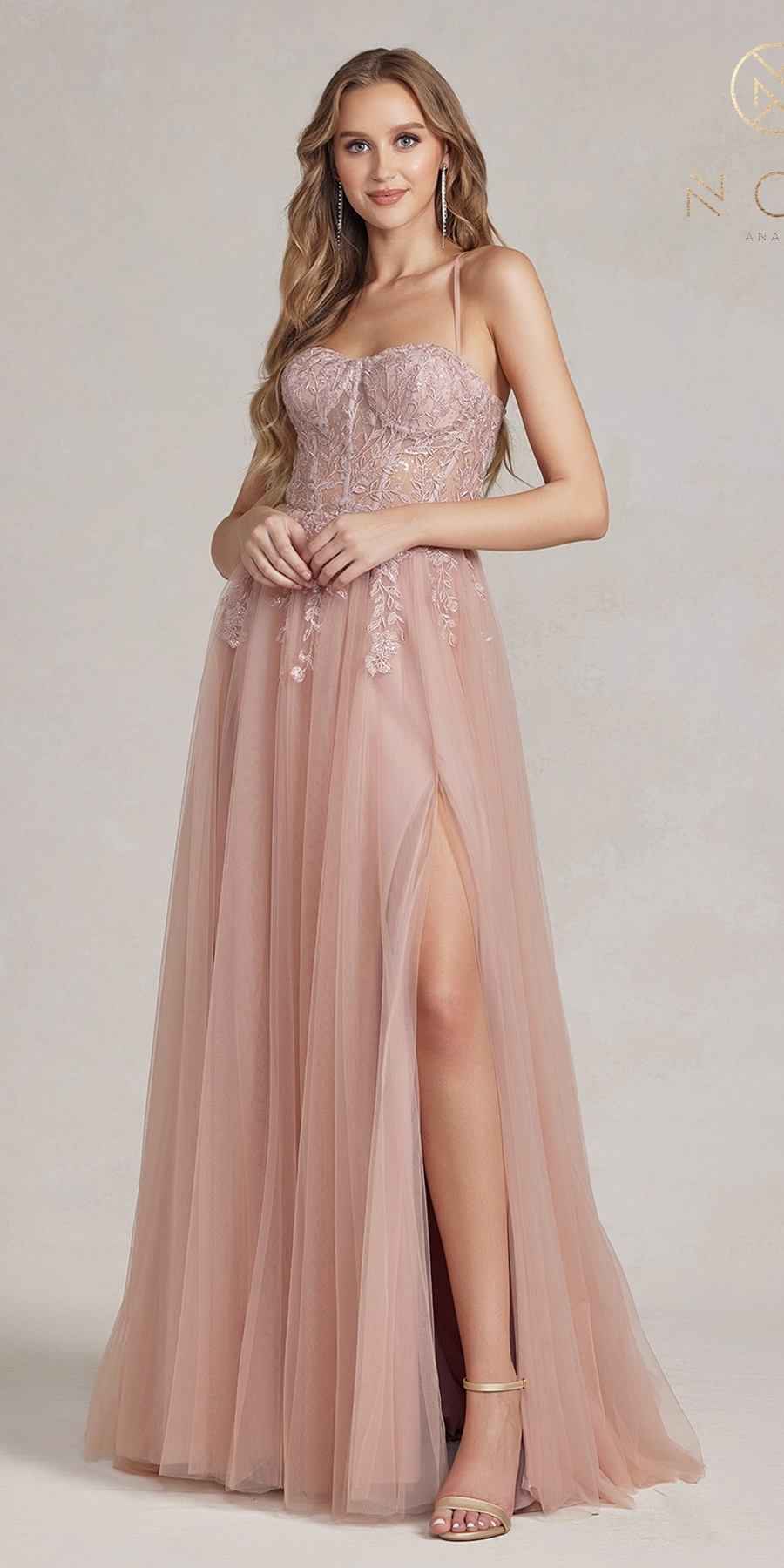 Nox Anabel J1089 Floor Length A-Line Tulle Gown with Slit