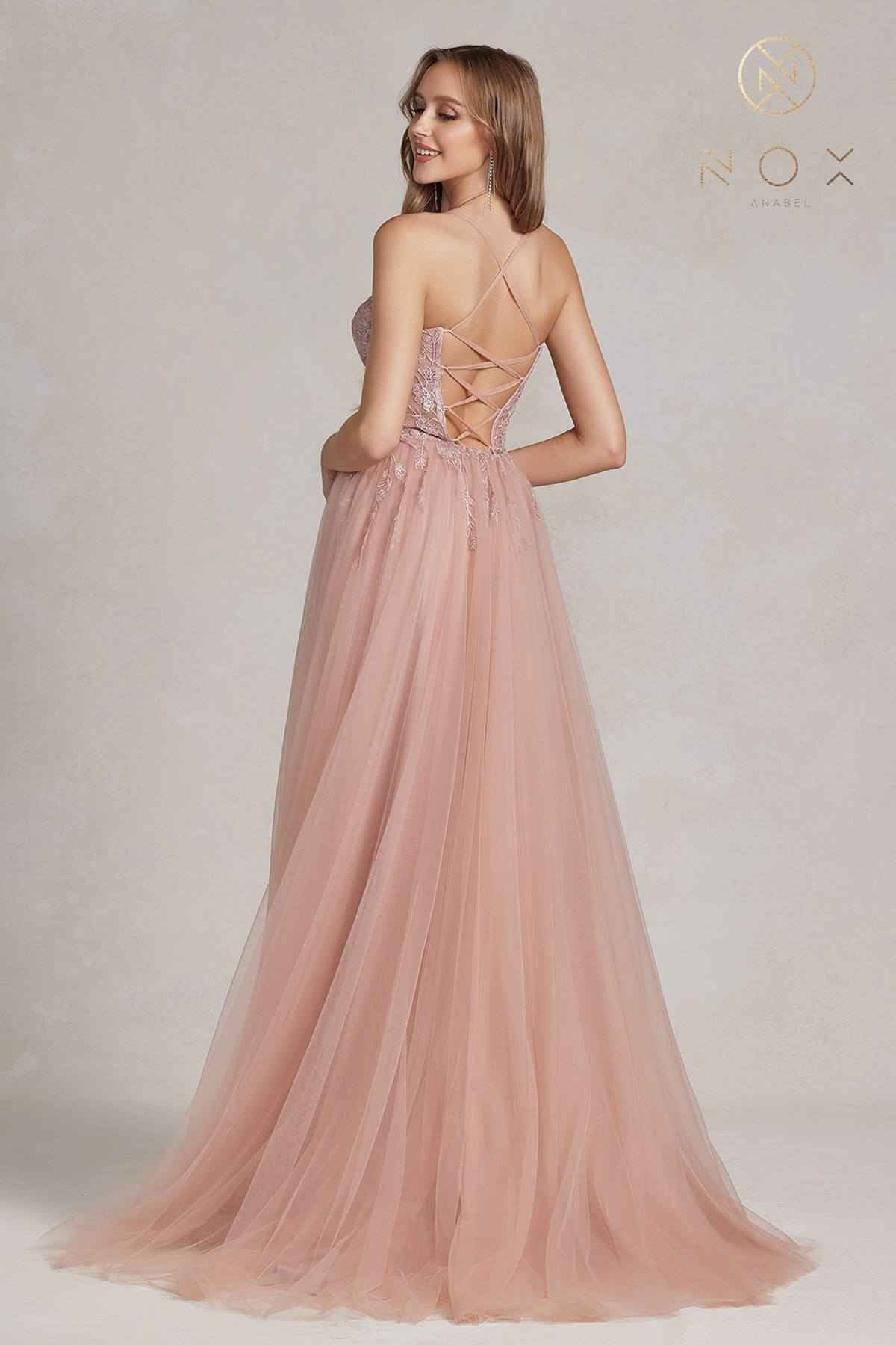Nox Anabel J1089 Floor Length A-Line Tulle Gown with Slit