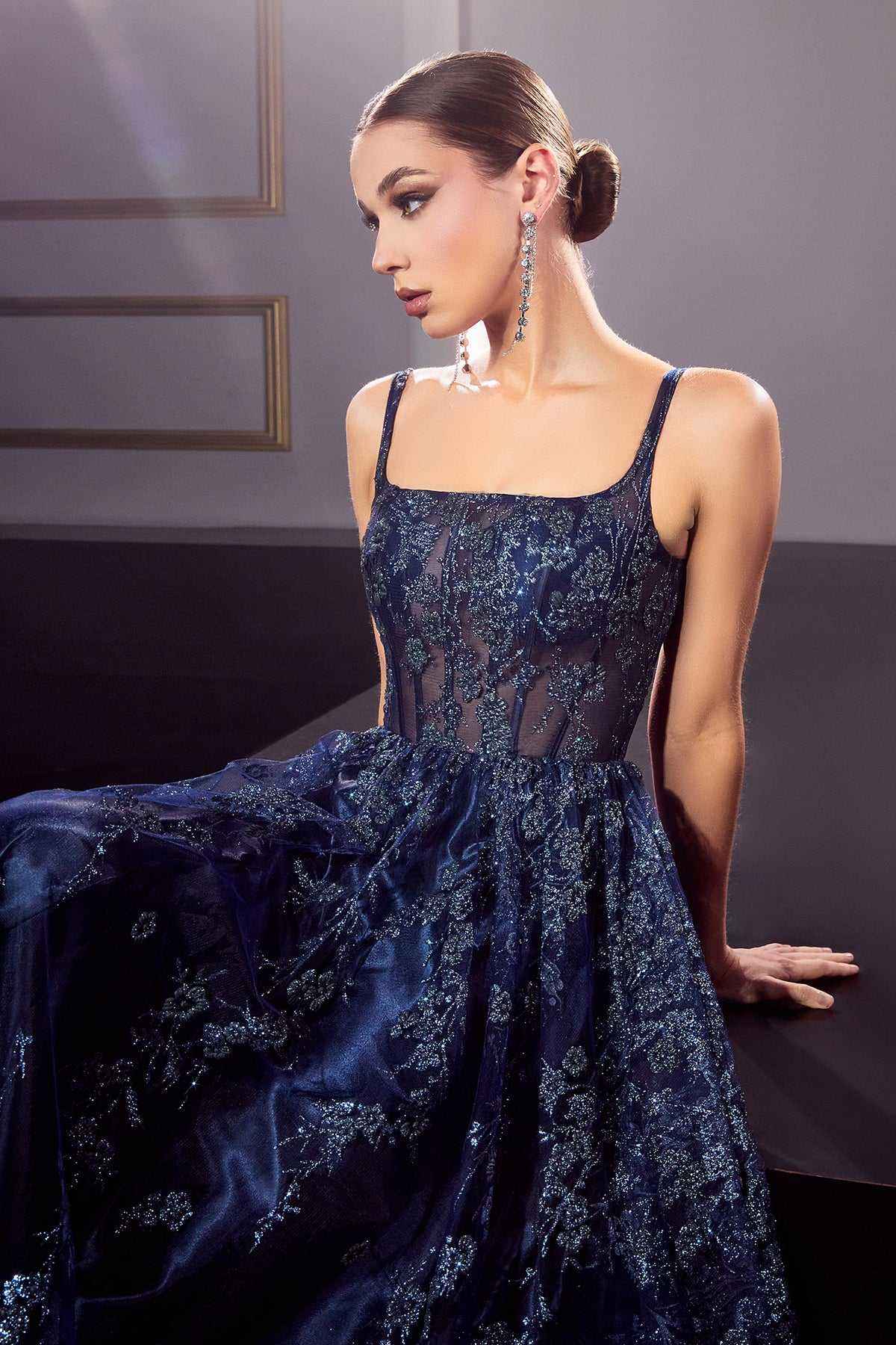 Ladivine J840 Floor Length Glitter Print A-Line Gown Corset Bodice