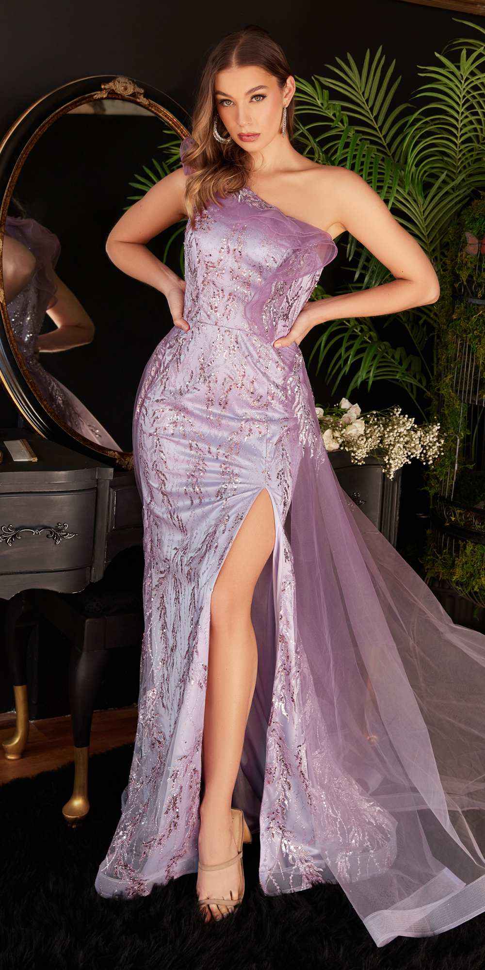 Ladivine J851 Floor Length One Shoulder Gown with Over Skirt
