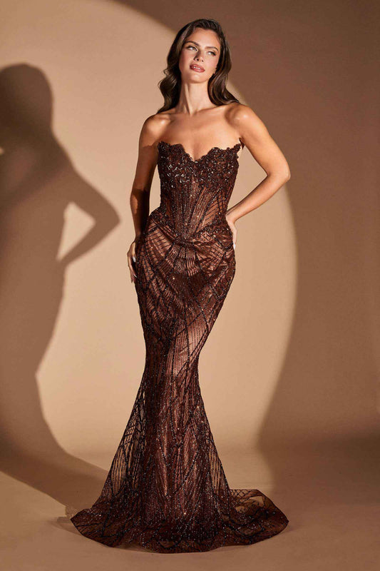 Ladivine J888 Long Strapless Fitted Sweetheart Sequin Bodice Gown