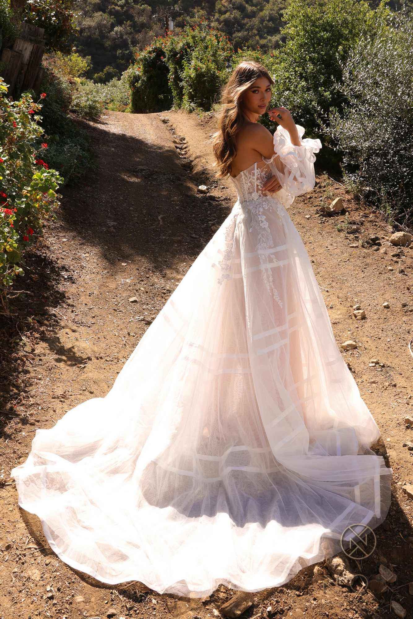 Nox Anabel JE1001L Long Puff Sleeve Strapless Corset A-Line Bridal Gown
