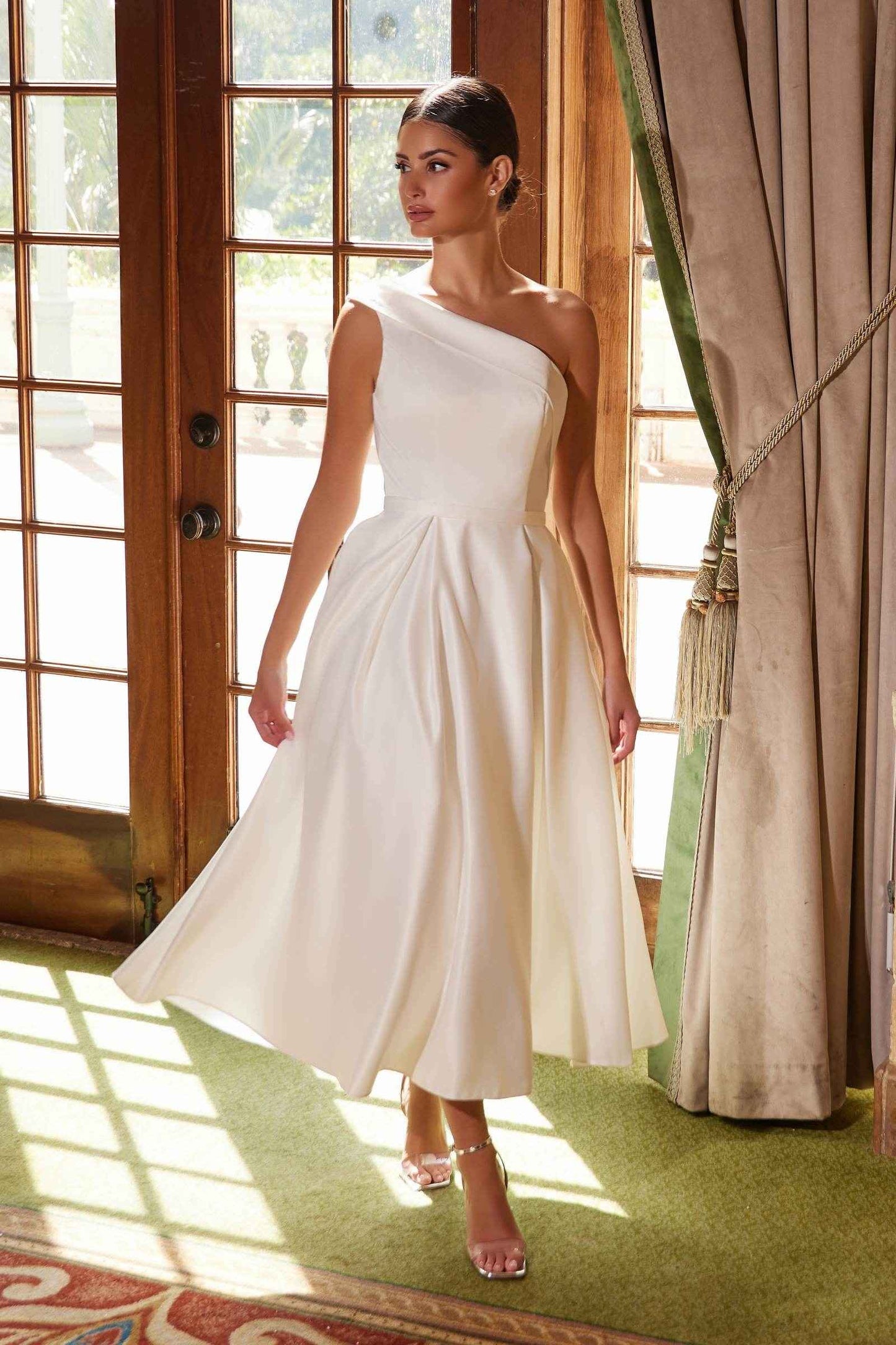 Nox Anabel JE931 One Shoulder Satin Tea Length Gown