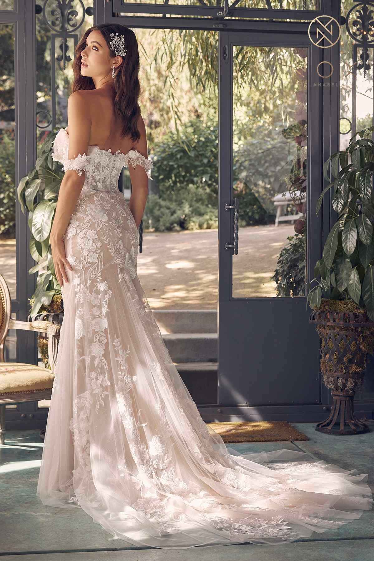 Nox Anabel JE974 Long Off Shoulder Fitted Embroidered Wedding Gown
