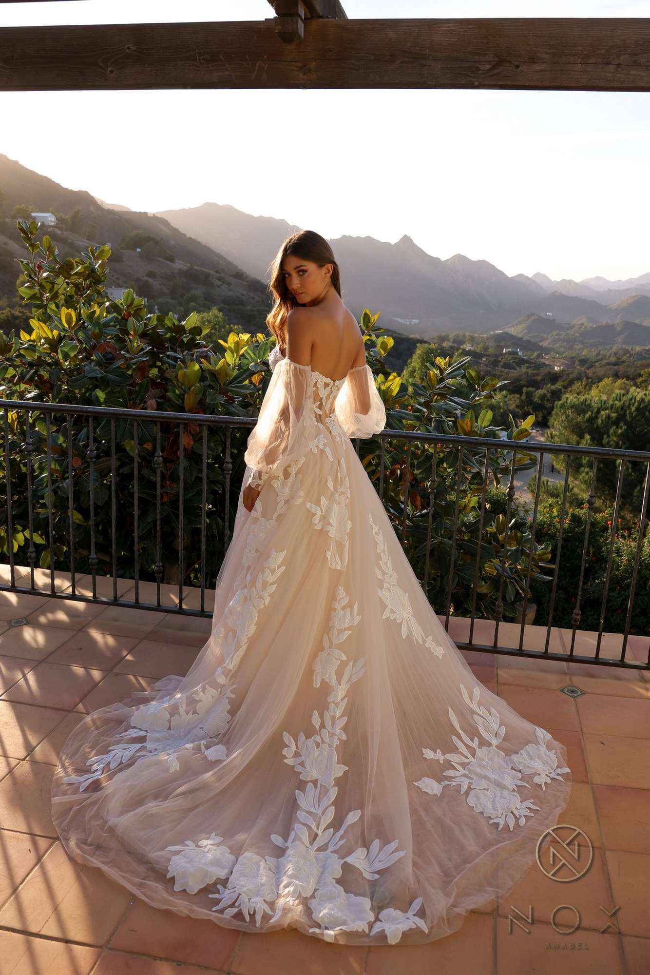 Nox Anabel JE990L Long Puff Sleeve Strapless Corset A-Line Bridal Gown