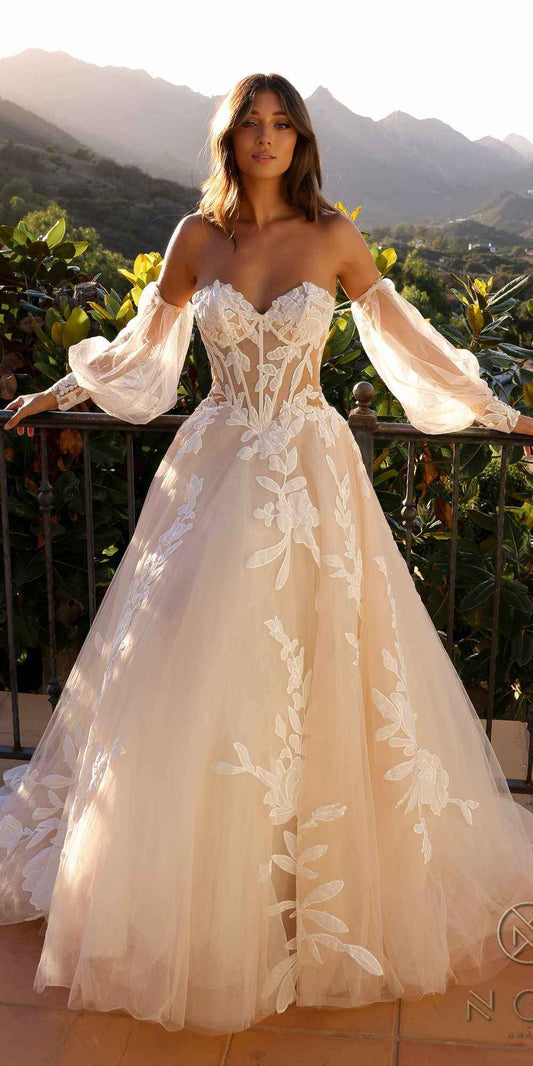 Nox Anabel JE990L Long Puff Sleeve Strapless Corset A-Line Bridal Gown