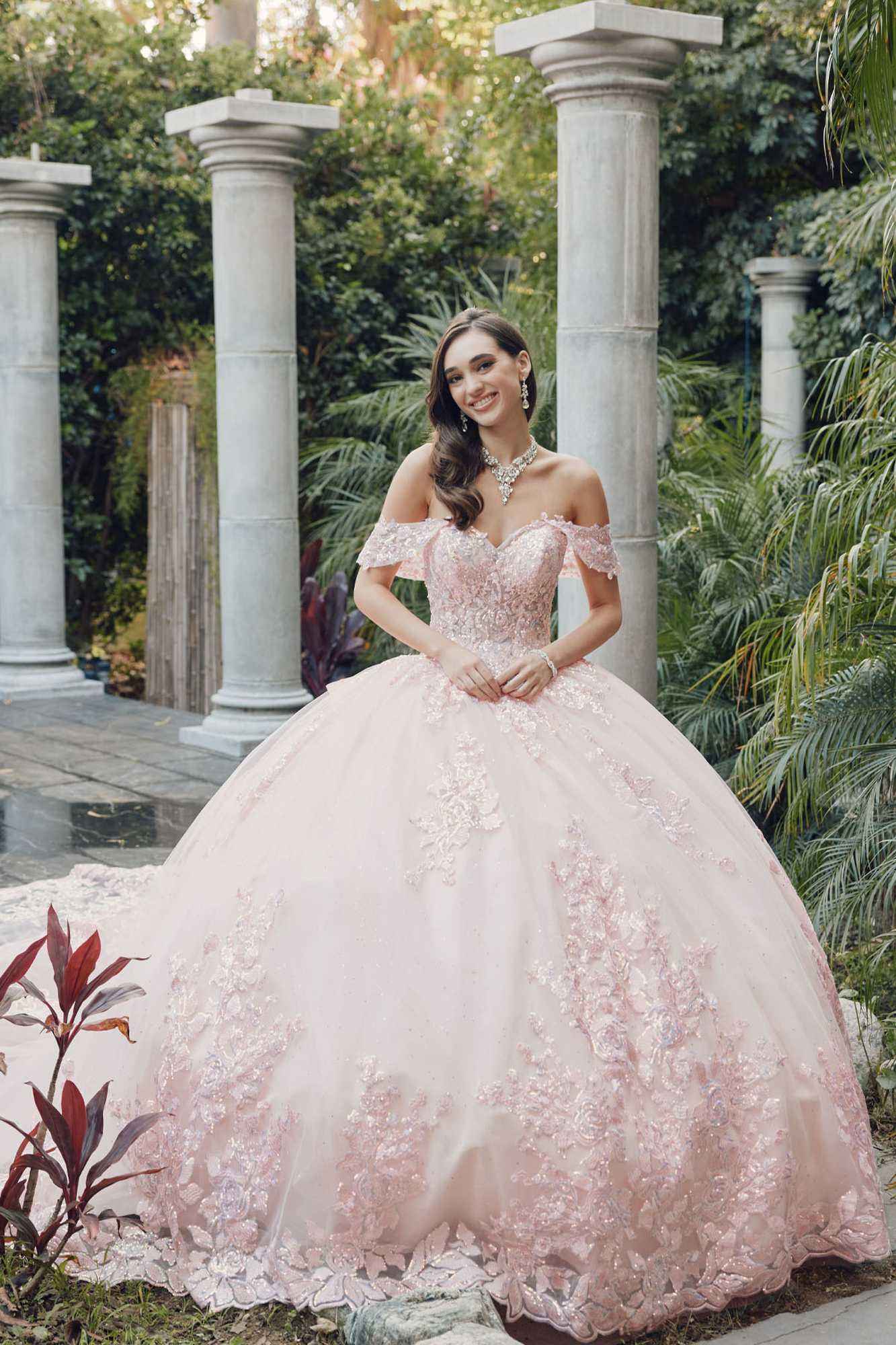 Juliet JT1458J Off the Shoulder Draped Sleeve Cathedral Train Quince Dress