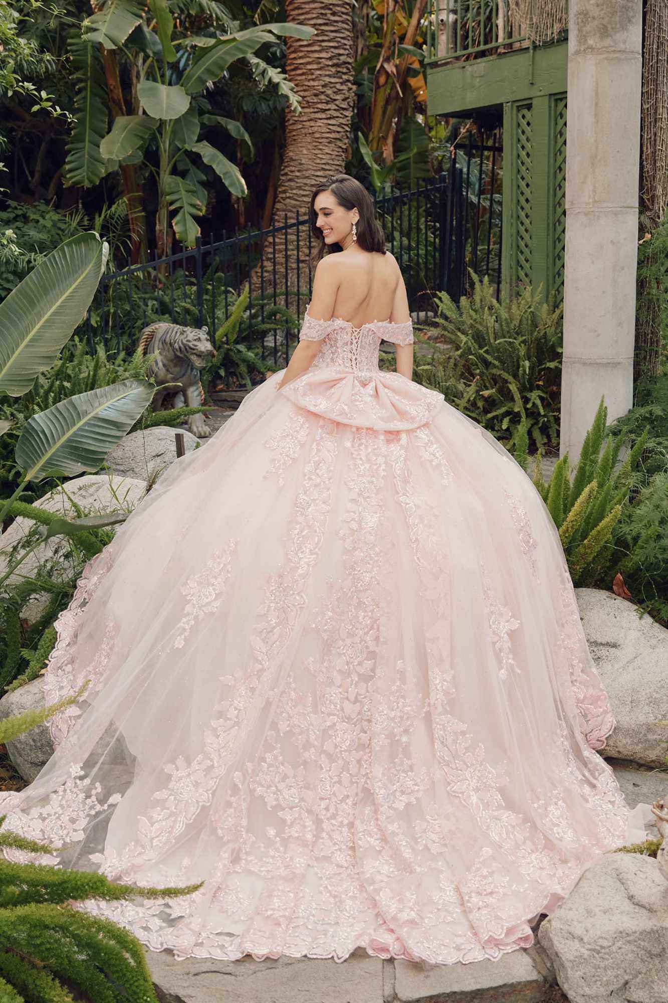 Juliet JT1458J Off the Shoulder Draped Sleeve Cathedral Train Quince Dress
