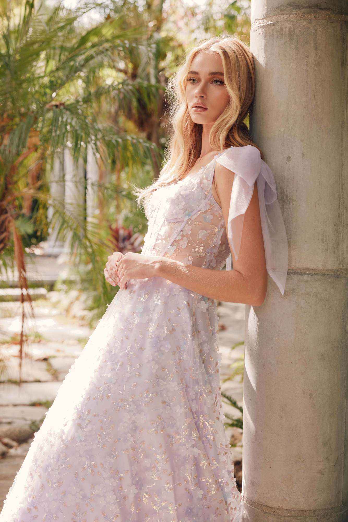 Juliet JT2439K Long 3D Floral Glitter Print Sleeveless A-line Gown
