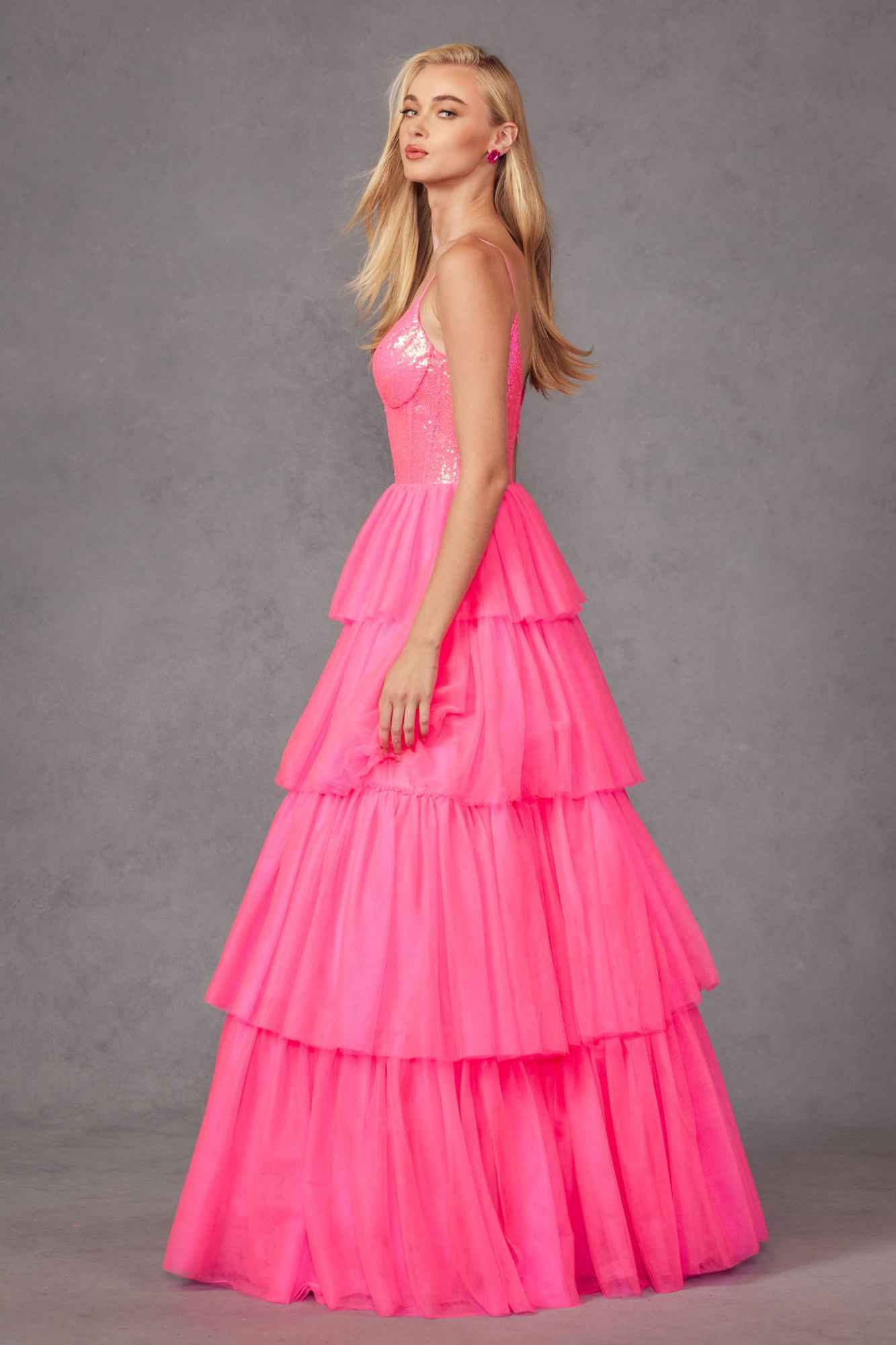 Juliet JT2457H Long Tiered Ruffled Tulle A-Line Sequin Bodice Dress