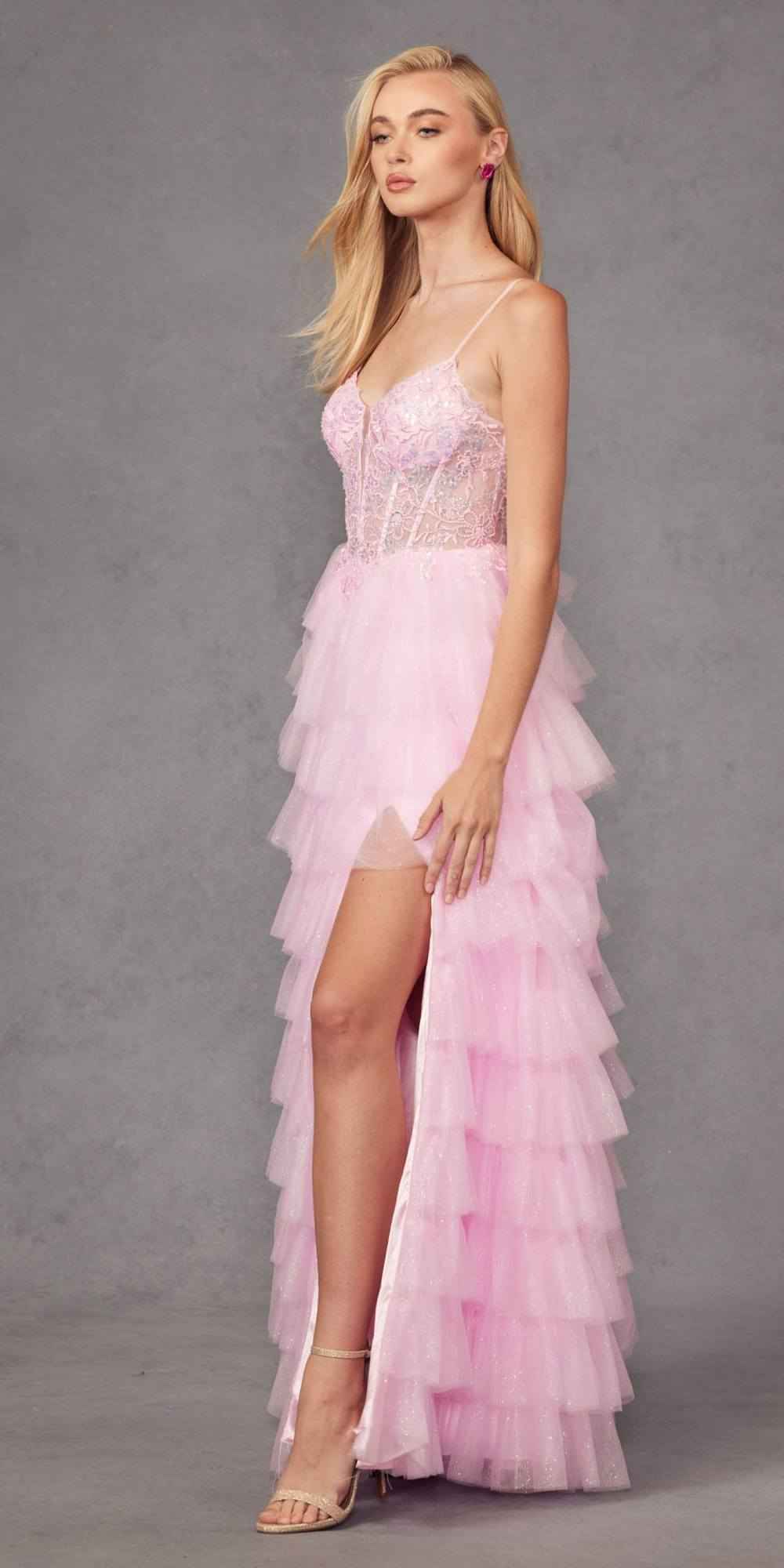 Juliet JT2458A Long Ruffle Tulle A-Line Ball Gown Bustier Bodice Thin Straps