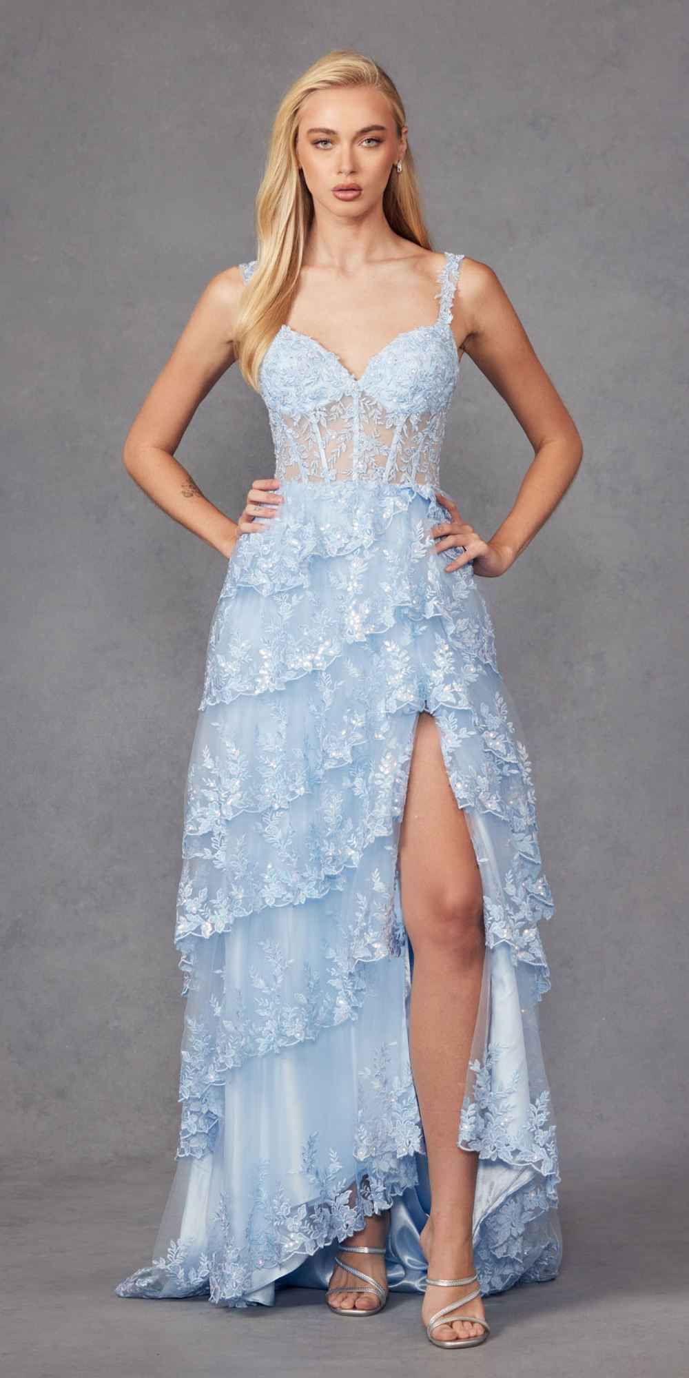 Juliet JT2463A Long Tiered Ruffled Skirt A-Line Boned Bodice Dress