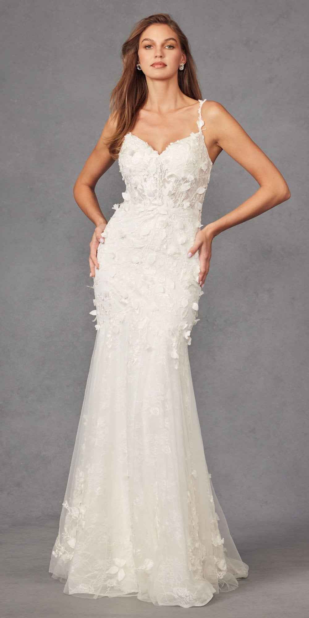 Juliet JT2475UW Long 3D Floral Applique Fitted Mermaid Gown
