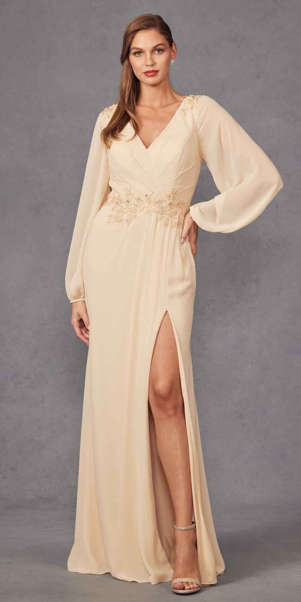 Juliet JTM16A Long Sleeve V-Neck Embroidered Applique Evening Gown