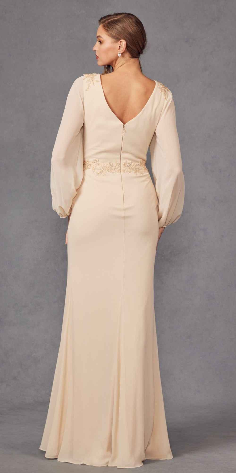 Juliet JTM16A Long Sleeve V-Neck Embroidered Applique Evening Gown