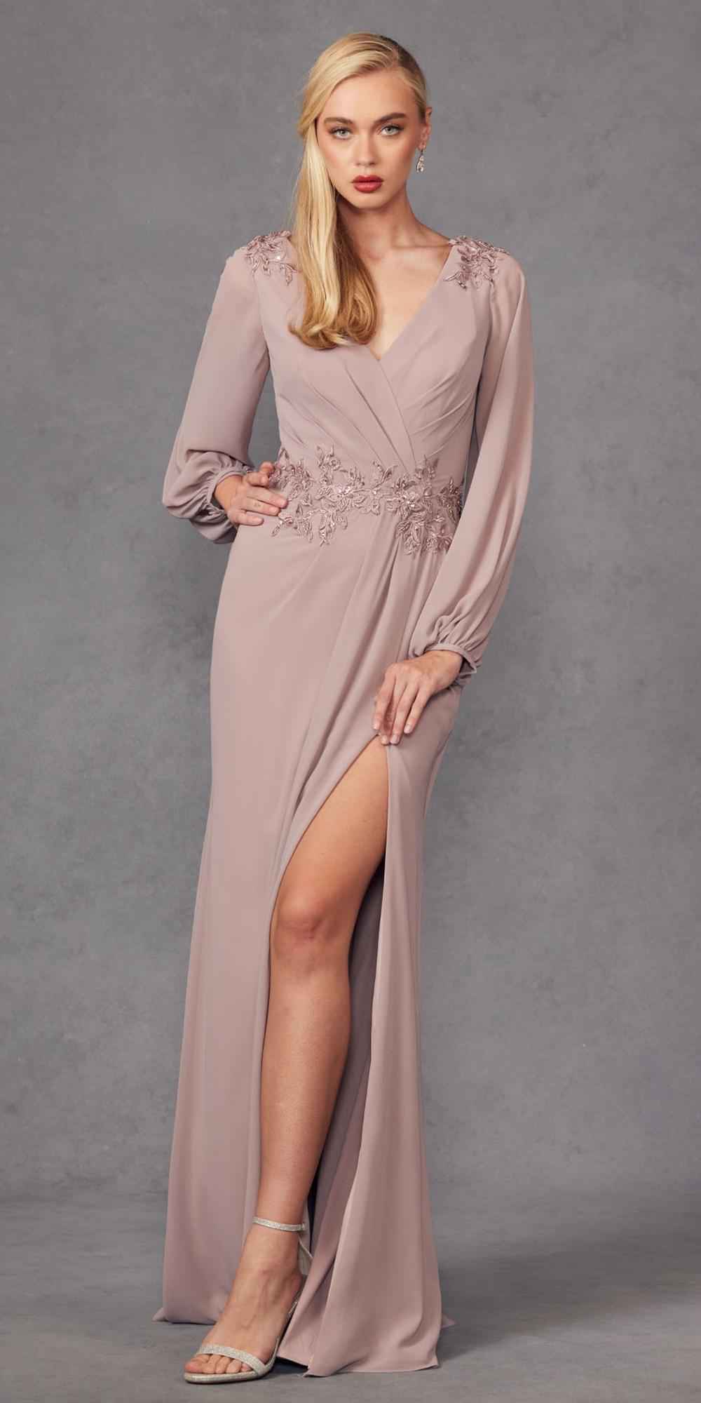 Juliet JTM16A Long Sleeve V-Neck Embroidered Applique Evening Gown