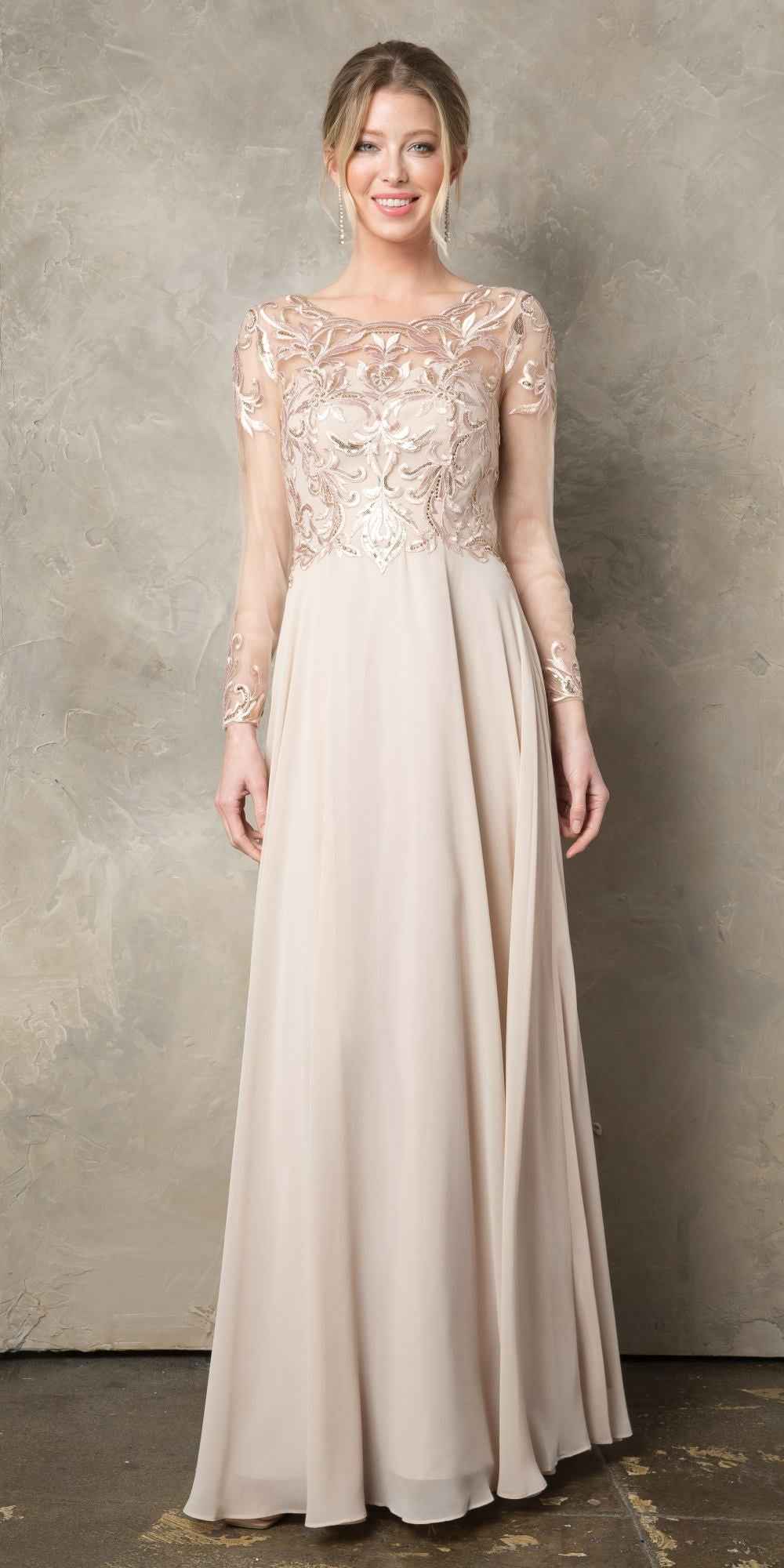 CLEARANCE - Juno 960 Long A-Line Mother of the Bride Chiffon Long Sleeve Dress (Size XL)