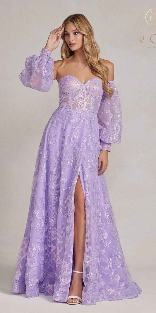 Nox Anabel K1155 Floor Length Butterfly Puff Sleeve Gown