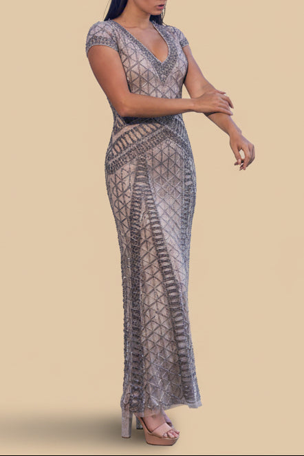 Lara 29746 - Beaded V-Neckline Dress with Cap Sleeves - JUSTLUXURY