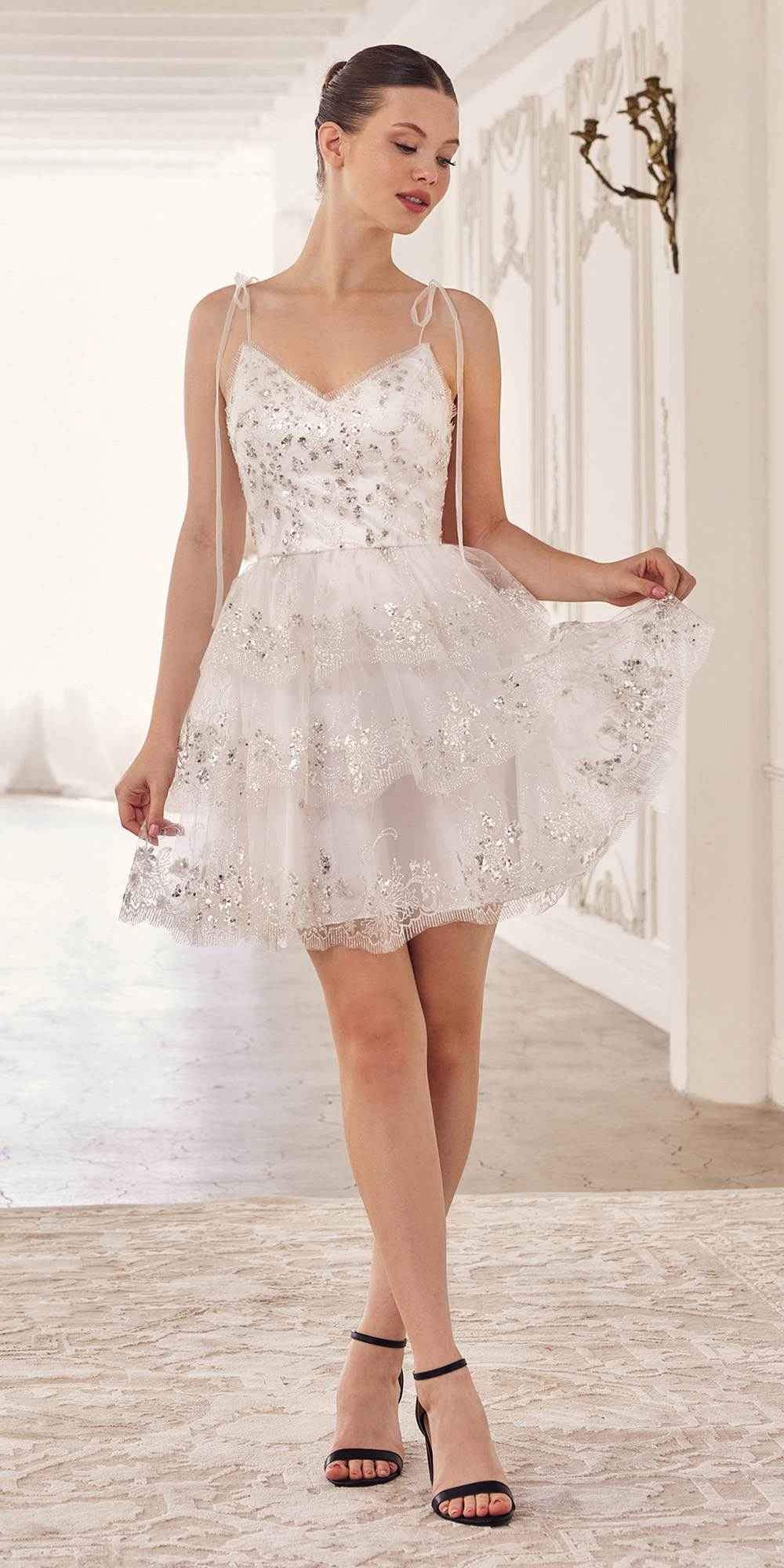 Ladivine KV1090 Glitter Printed A-Line Ruffle Short Dress