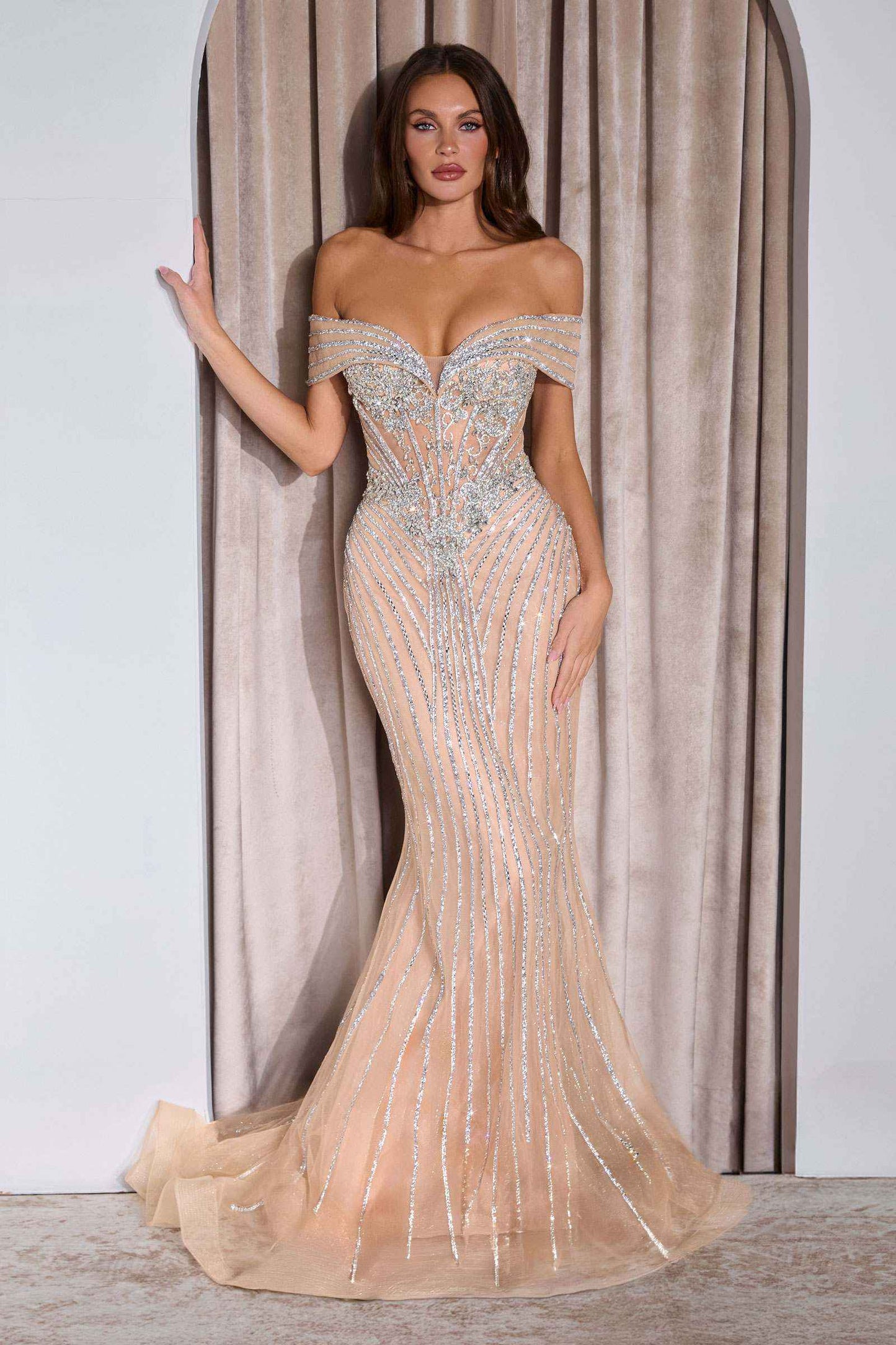 Ladivine KV1130 Mermaid Gown Off Shoulder Crystal Embellished Tulle
