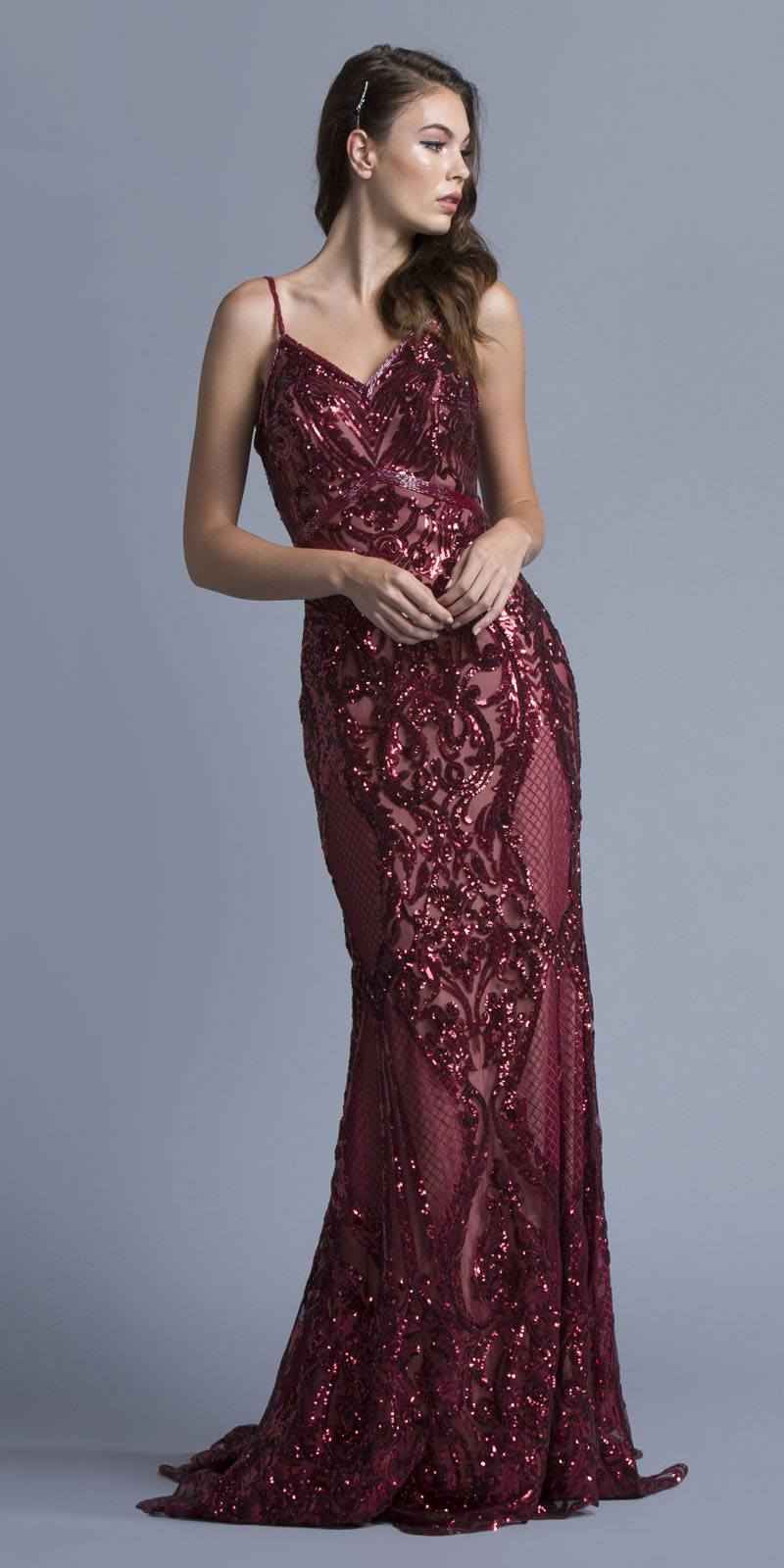 CLEARANCE - Aspeed L1982 Long Sequins Navy Blue Evening Gown V-Neck (Size XS)