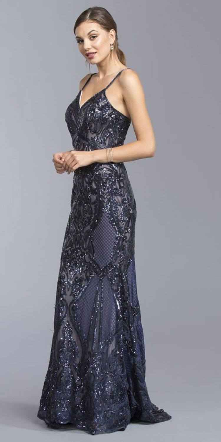 CLEARANCE - Aspeed L1982 Long Sequins Navy Blue Evening Gown V-Neck (Size XS)