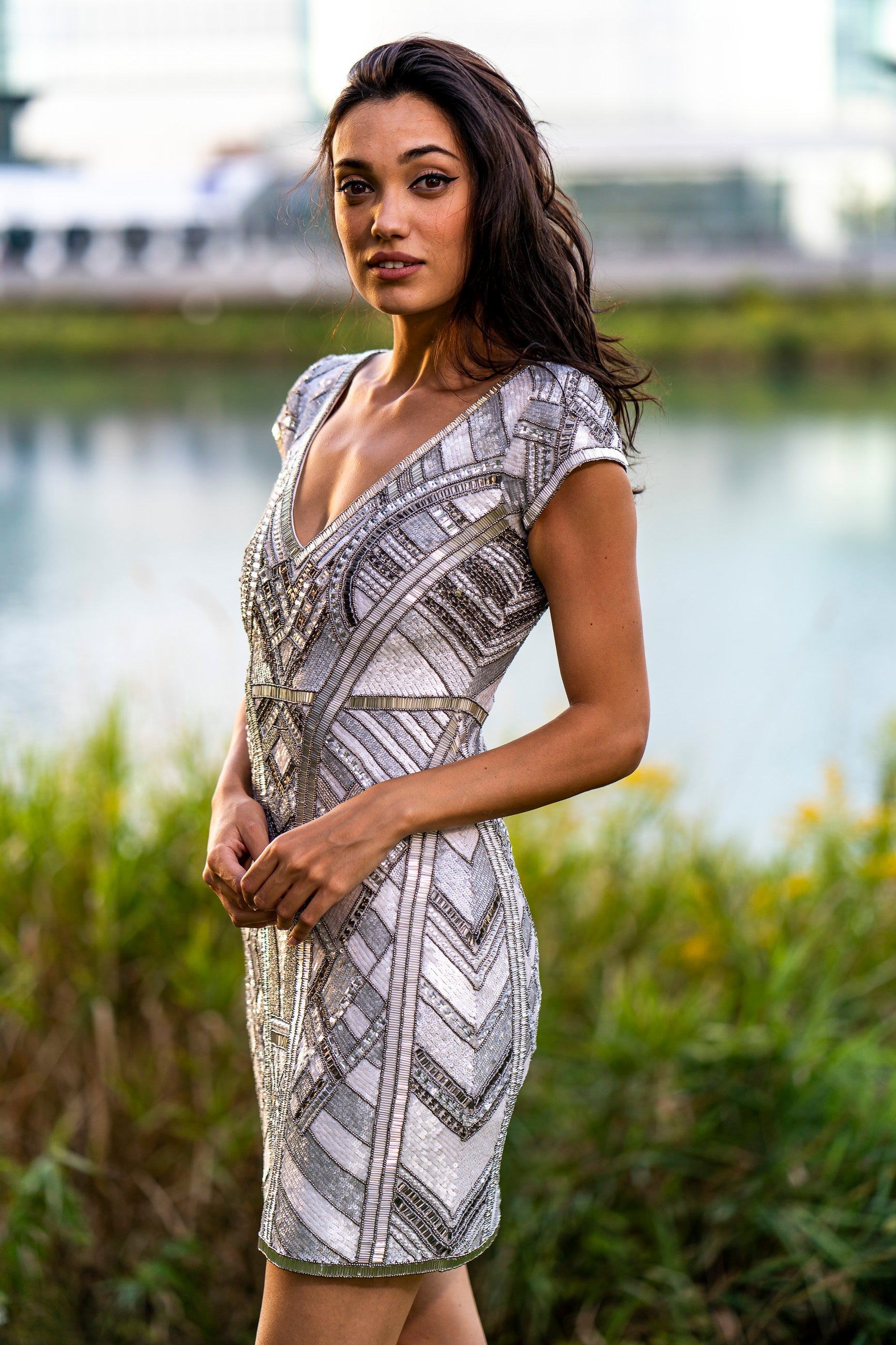 Lara 29909 - Beaded, V-neck Mini Dress - JUSTLUXURY