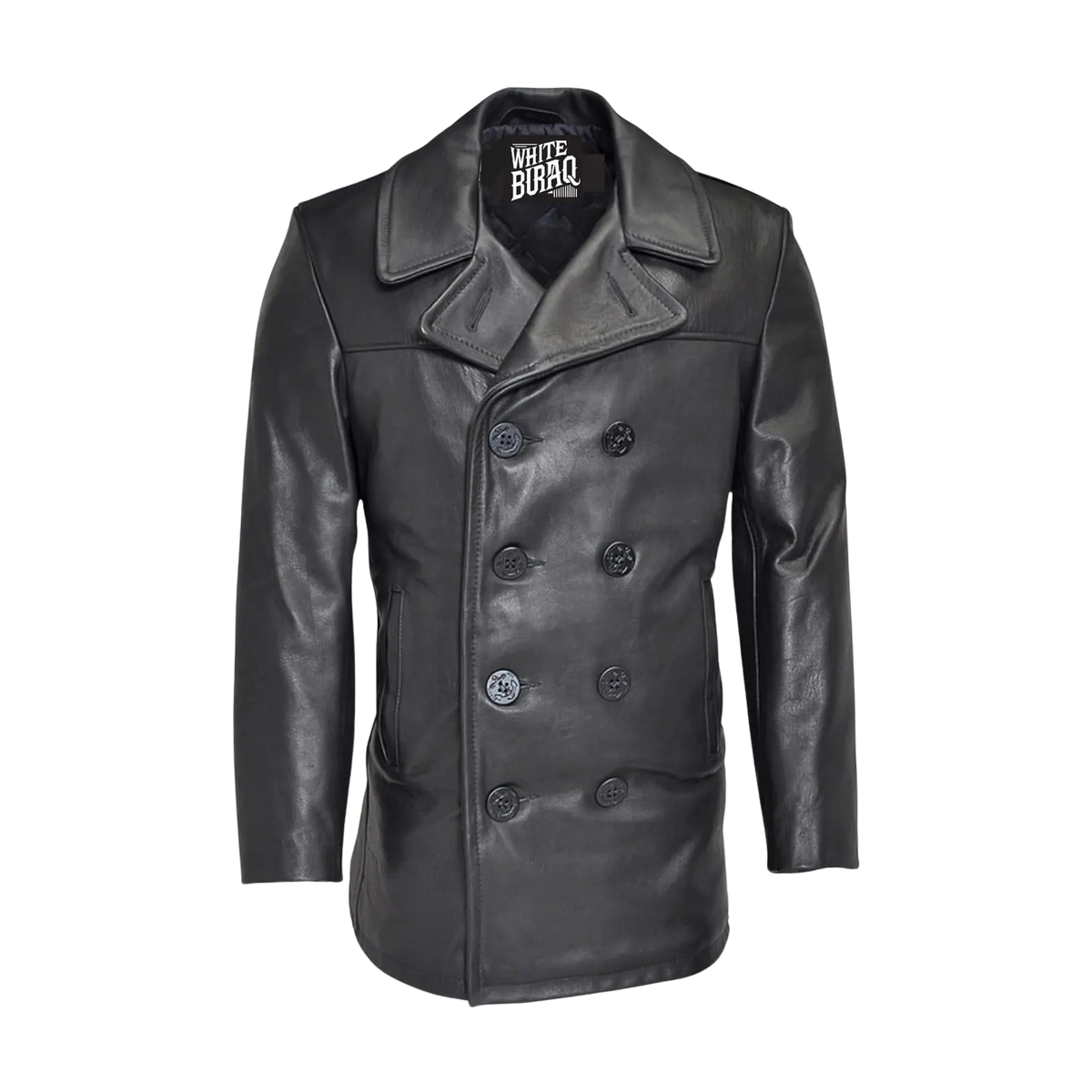 Men's Black Leather Double-Breasted Pea Coat