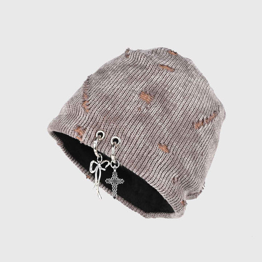 Retro Wasteland Style Distressed Knit | Hanging Charm Beanie