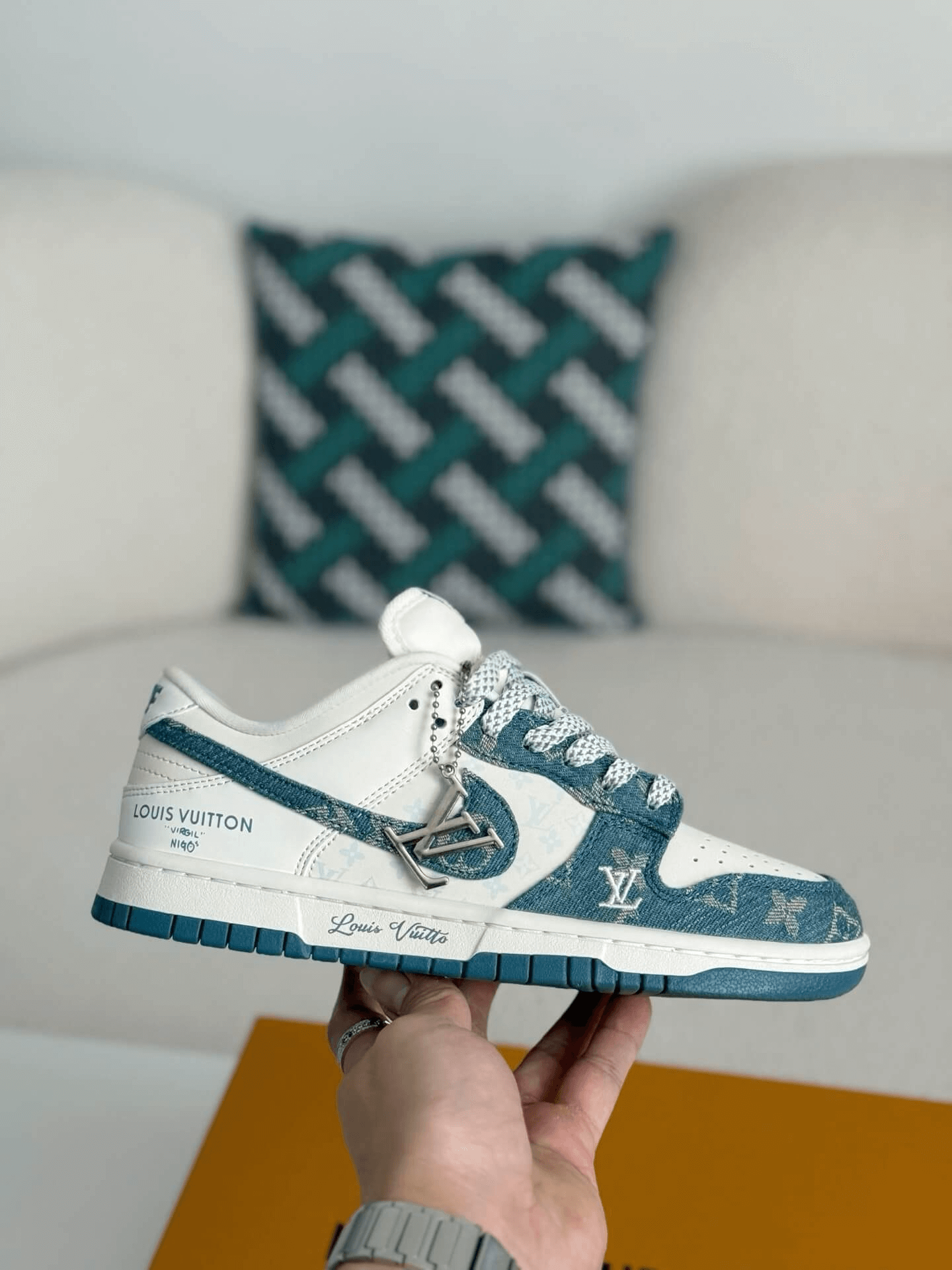 Louis Vuitton x Nike SB Dunk Low White Blue Monogram Denim CUSTOM