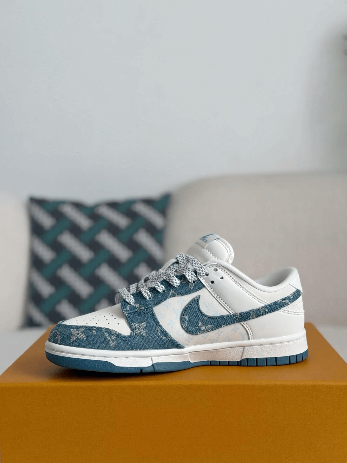 Louis Vuitton x Nike SB Dunk Low White Blue Monogram Denim CUSTOM