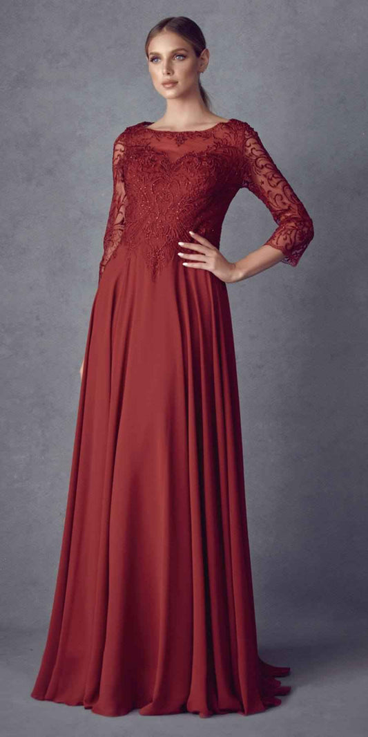 Juliet M11 Appliqued Long A-Line Dress Chiffon Quarter Sleeves